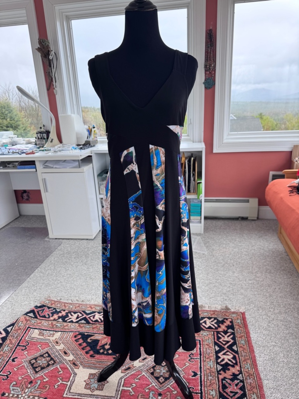 Black Sleeveless V-Neck Midi Dress with Blue Marble Panels